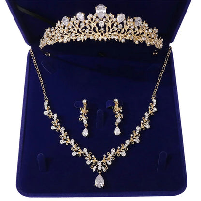 Bridal Four-Piece Headwear Set: Crown, Necklace, and Earrings