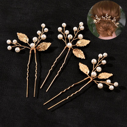 Pearl Flower Hairpin Side Comb Golden Leaf Shaped Alloy Tiaras Wedding