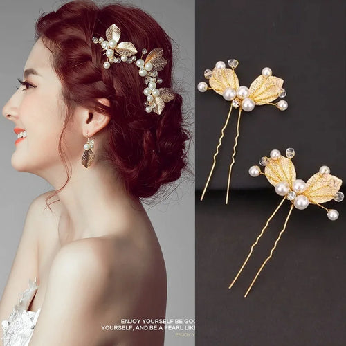 Pearl Flower Hairpin Side Comb Golden Leaf Shaped Alloy Tiaras Wedding