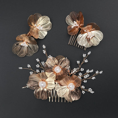 SLBRIDAL Handmade Baroque Copper Flower Pearls Wedding Hair