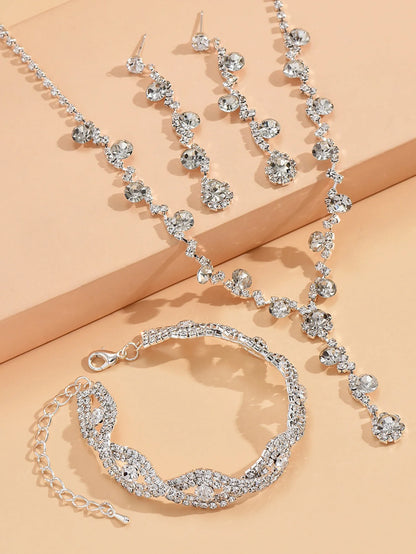 4-Piece Fashionable Women's Jewelry Set with Rhinestone Necklace, Bracelet,