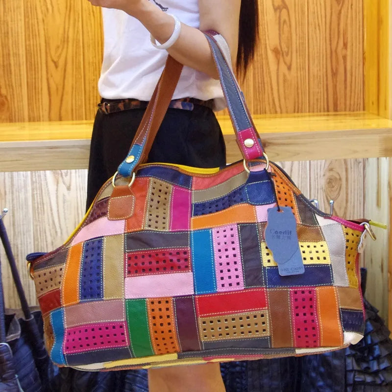 Large Ladies' Handbags with Casual Colorful Patchwork Design