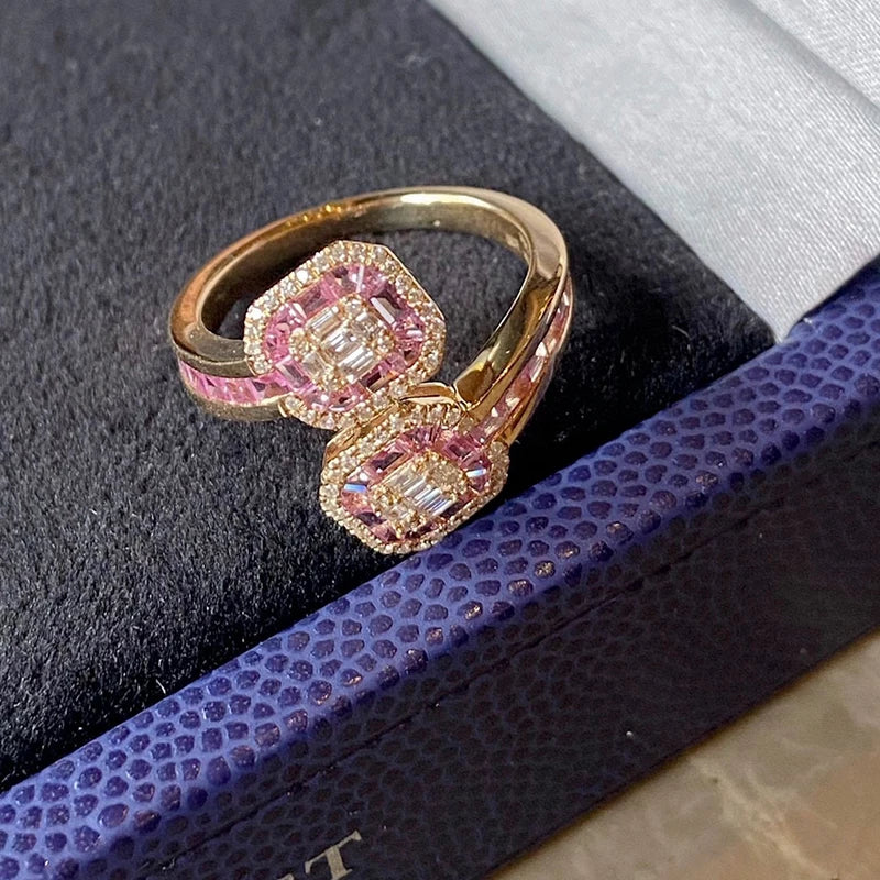 100% 18K Solid Yellow Gold Natrual Pink Sappires Real Diamond