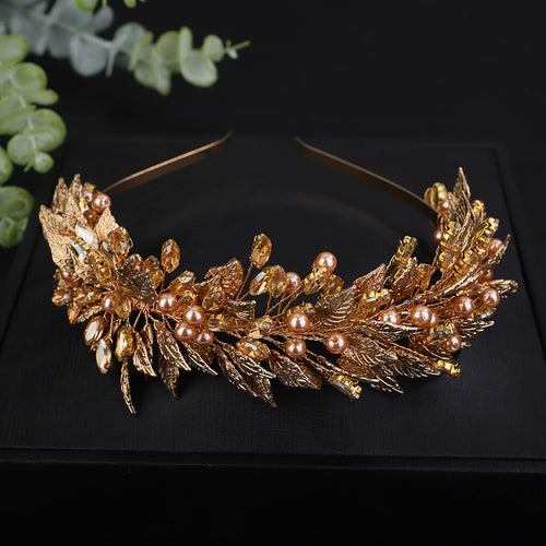 Trendy Pearl Rhinestoen Diamonds Green Bridal Crown Handamde Leaves