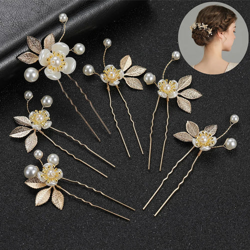 Pearl Flower Hairpin Side Comb Golden Leaf Shaped Alloy Tiaras Wedding