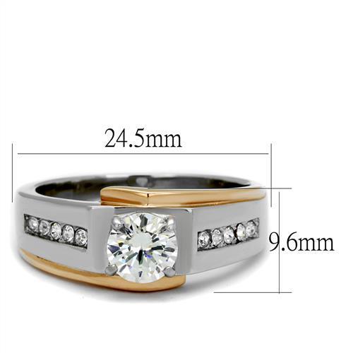 Stainless Steel Men's Ring with Two-Tone IP Rose Gold Finish and Clear Cubic Zirconia