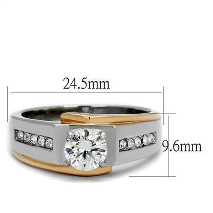 Stainless Steel Men's Ring with Two-Tone IP Rose Gold Finish and Clear Cubic Zirconia