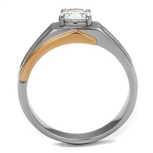 Stainless Steel Men's Ring with Two-Tone IP Rose Gold Finish and Clear Cubic Zirconia