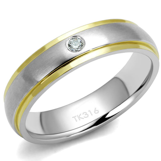 Men's Two-Tone Stainless Steel Ring with Clear Cubic Zirconia Accent