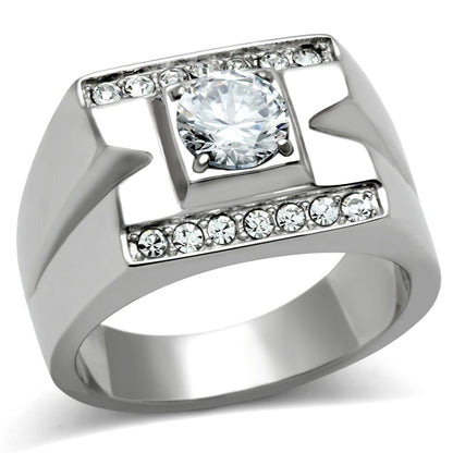 Men's Stainless Steel Ring with Round Clear Cubic Zirconia Accent