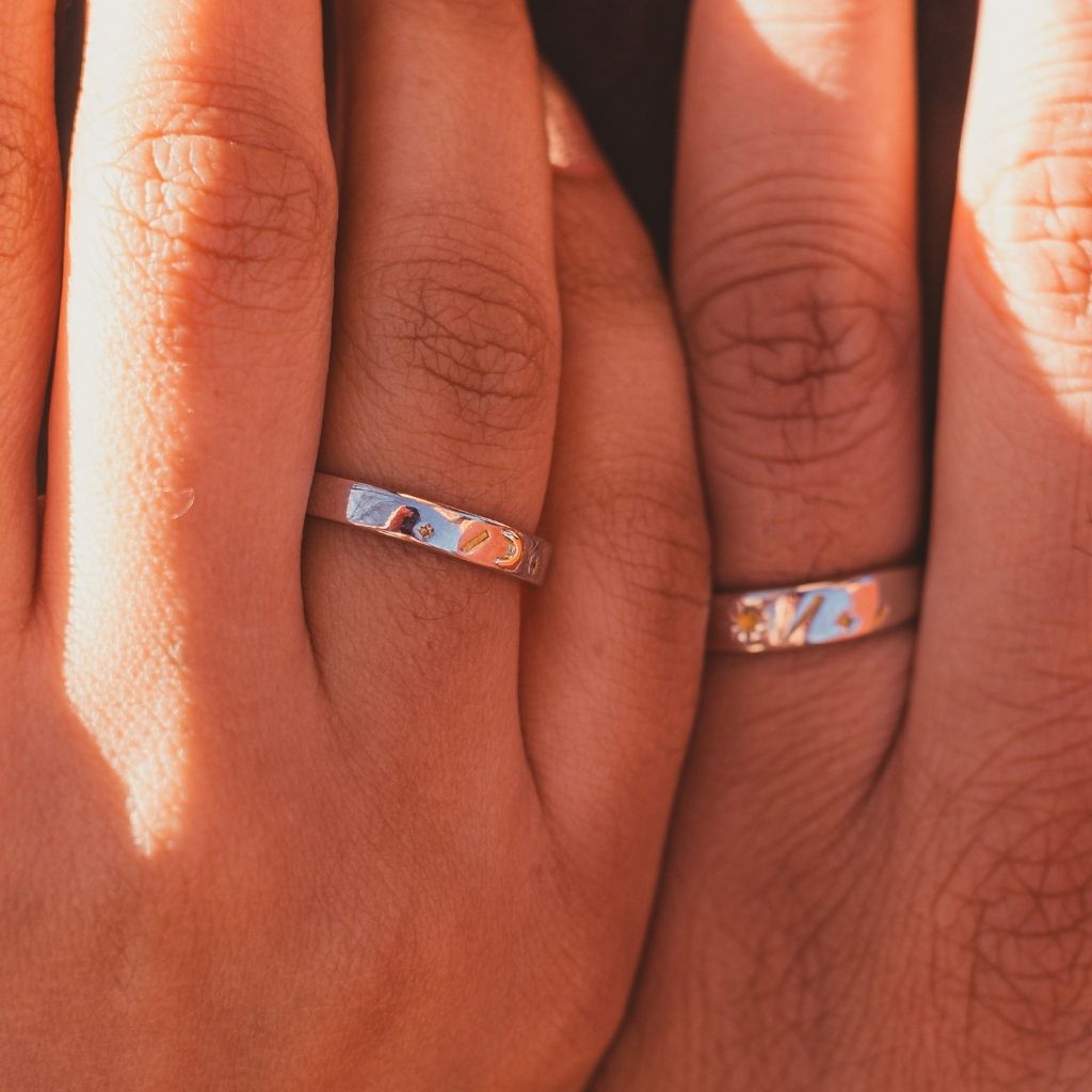 Adjustable Silver Couple Sun Star Promise Ring Set