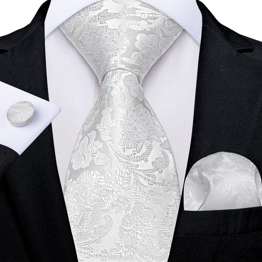 White Floral Silk Tie Set For Men Wedding Accessories Pocket Square