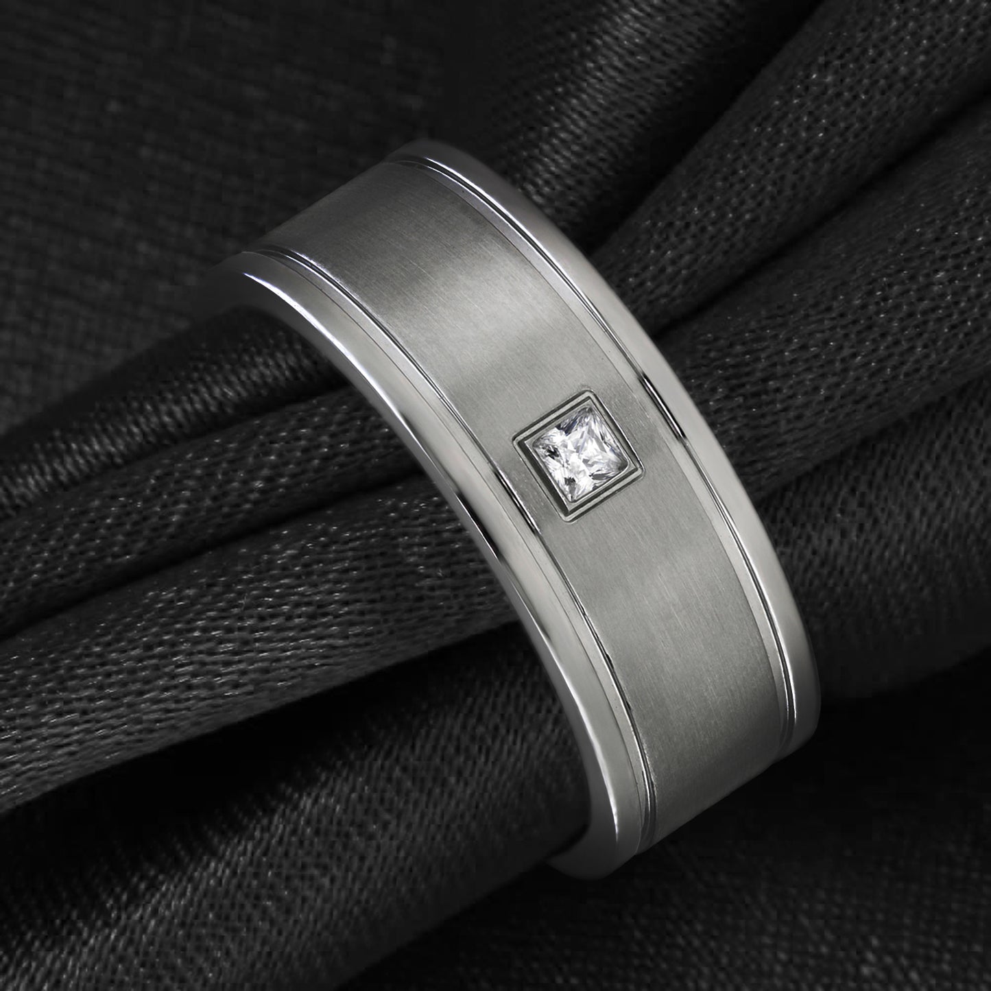 Stainless Steel 8mm Mens Square CZ Wedding Bands