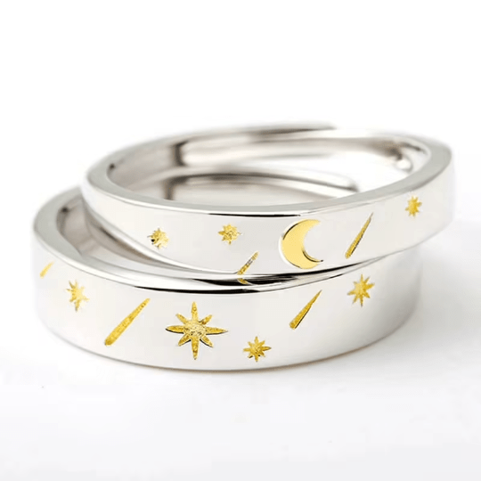 Adjustable Silver Couple Sun Star Promise Ring Set